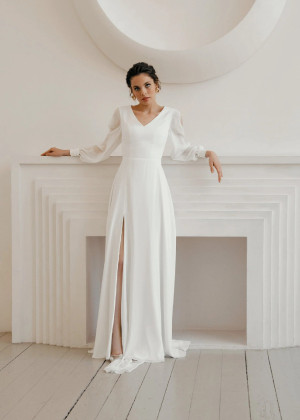 Long Sleeves Ivory Chiffon Slit Beach Wedding Dress